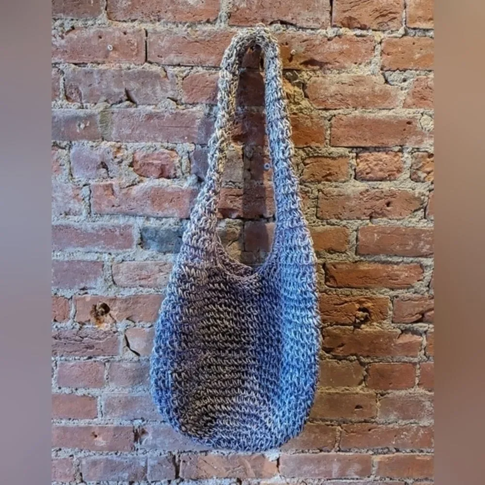 RARE Vintage ESPRIT Blue‎ Gray Crochet Rafia Shoulder Bag Casual Boho Purse